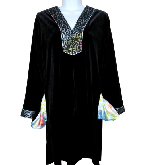 Vintage Oscar De La Renta Pink Label Black Velvet Tunic Top Leopard Print Trim S - Picture 8 of 11